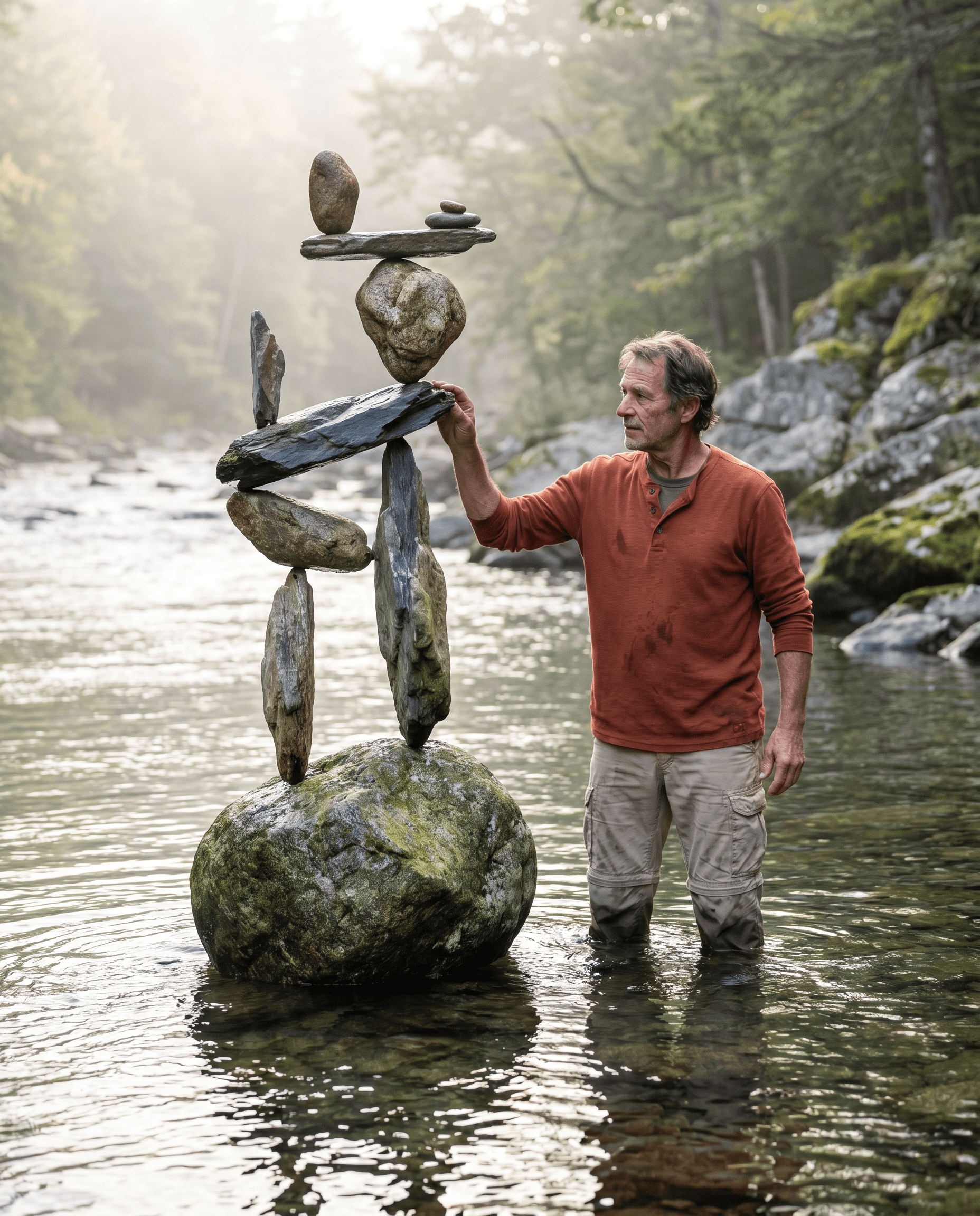 This video presents a calm and focused outdoor scene, likely in a natural environment like a forest or mountain river. The atmosphere is peaceful and slightly misty, suggesting early morning or late afternoon. A middle-aged man, dressed in an orange long-sleeved shirt and cargo pants, stands in shallow river water, meticulously balancing an intricate stack of rocks. The activity is slow and deliberate, emphasizing concentration and patience. The visual style is realistic, with natural lighting and earthy tones. The emotional tone is contemplative and serene. The primary subject is the man and the rock cairn he is constructing, with the river and forested banks forming the backdrop. The artistic style is photorealistic. The color characteristics are muted and natural, with cool greens and grays from the environment contrasting with the warm orange of the man's shirt.