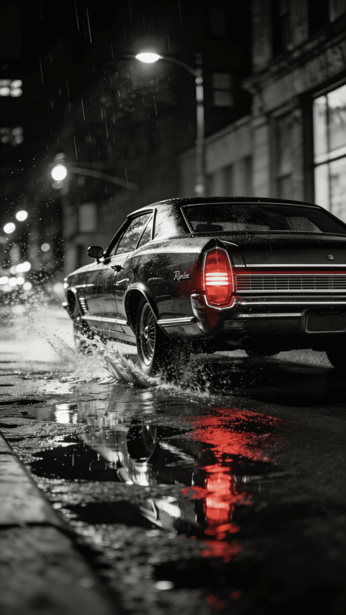 This video presents a dramatic and moody scene of a vintage car driving through a rainy urban environment at night. The overall atmosphere is dark and mysterious, with a dynamic activity level as the car splashes through puddles, creating energetic water sprays. The visual style is highly artistic and realistic, almost cinematic, with a strong emphasis on contrasting light and shadow. The emotional tone is evocative and slightly melancholic, highlighting the classic car as the central subject. The video features a black classic car, possibly a Pontiac, with its bright red taillights reflecting in the wet street. The artistic style leans towards photorealism with selective color emphasis, using a cool-toned, monochromatic palette of blacks, grays, and whites, dramatically punctuated by vibrant red accents from the car's taillights.