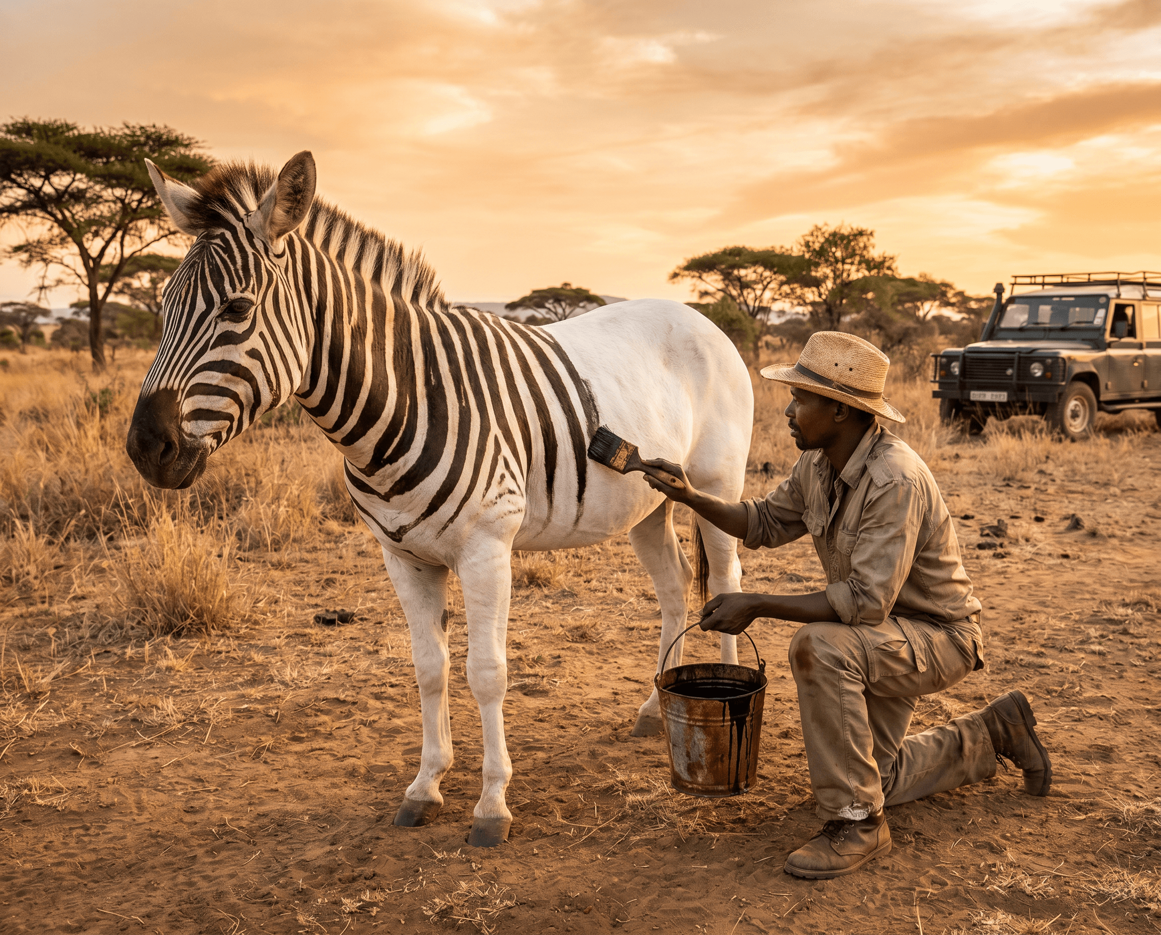 This video captures a calm and slightly mysterious outdoor scene in a dry, savanna-like environment during sunset. A man, dressed in safari-style clothing and a straw hat, kneels beside a zebra, meticulously painting black stripes onto its white coat with a brush and a bucket of dark paint. The zebra stands still, appearing docile. In the background, an old safari jeep is parked, and sparse acacia trees dot the landscape under a warm, orange-hued sky. The visual style is realistic and photographic, with a focus on the interaction between the man and the animal. The color palette is dominated by warm tones of orange, brown, and tan, with the stark black and white of the zebra creating a strong contrast. The overall mood is peaceful yet intriguing, suggesting a unique or unconventional activity.