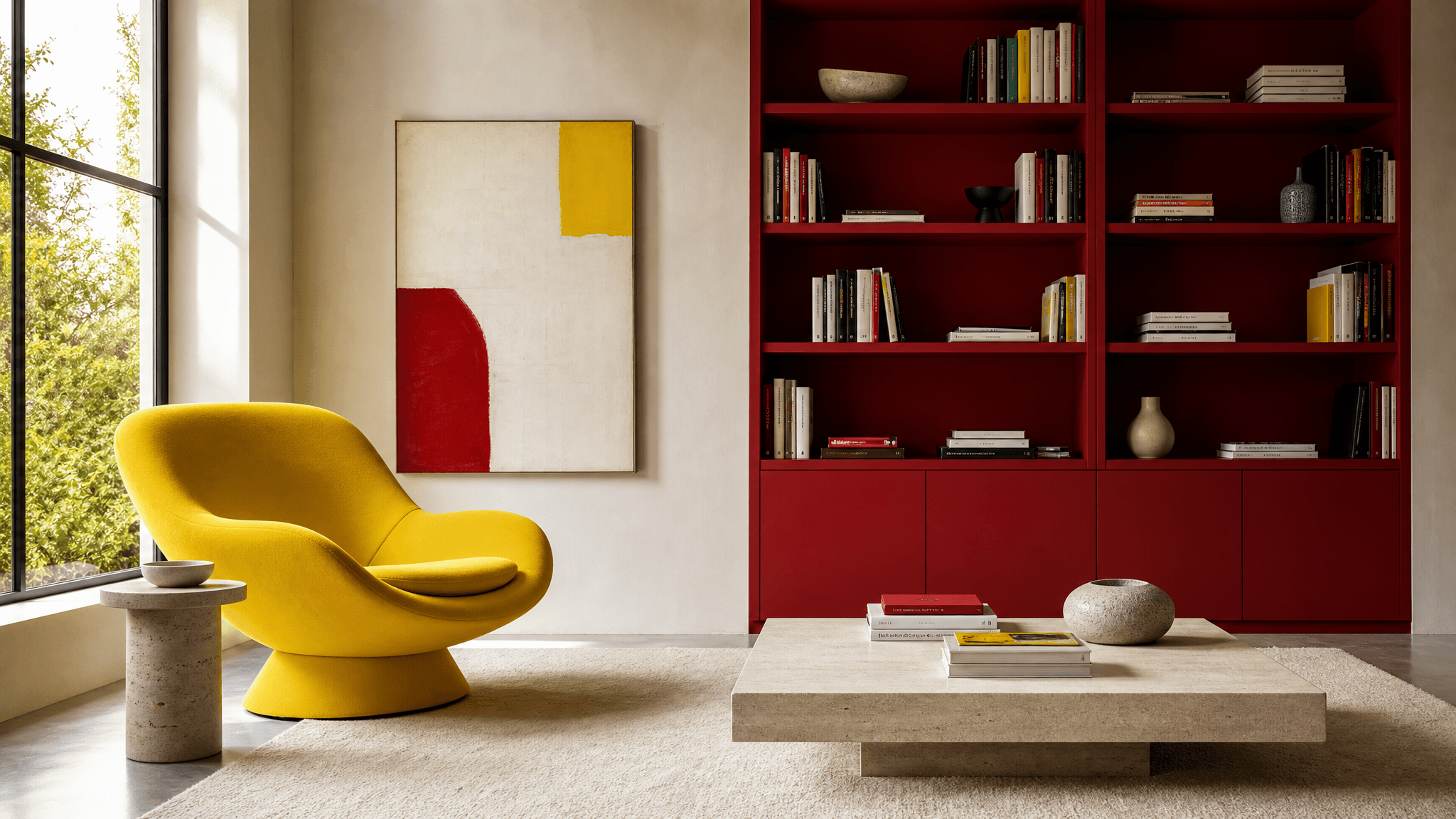 This video depicts a bright, calm, and static indoor setting showcasing a modern living space. The visual style is realistic and clean, with an artistic touch due to the abstract painting. The emotional tone is peaceful and inviting. Key elements include a vibrant yellow armchair, a large window revealing lush green foliage outdoors, a minimalist coffee table, and a striking red built-in bookshelf filled with books and decorative objects. The artistic style leans towards contemporary interior design. The color characteristics feature warm tones with high saturation in the yellow and red accents, balanced by muted pastels in the walls, rug, and coffee table. The dominant color palette is a bold combination of yellow, red, and cream/beige.