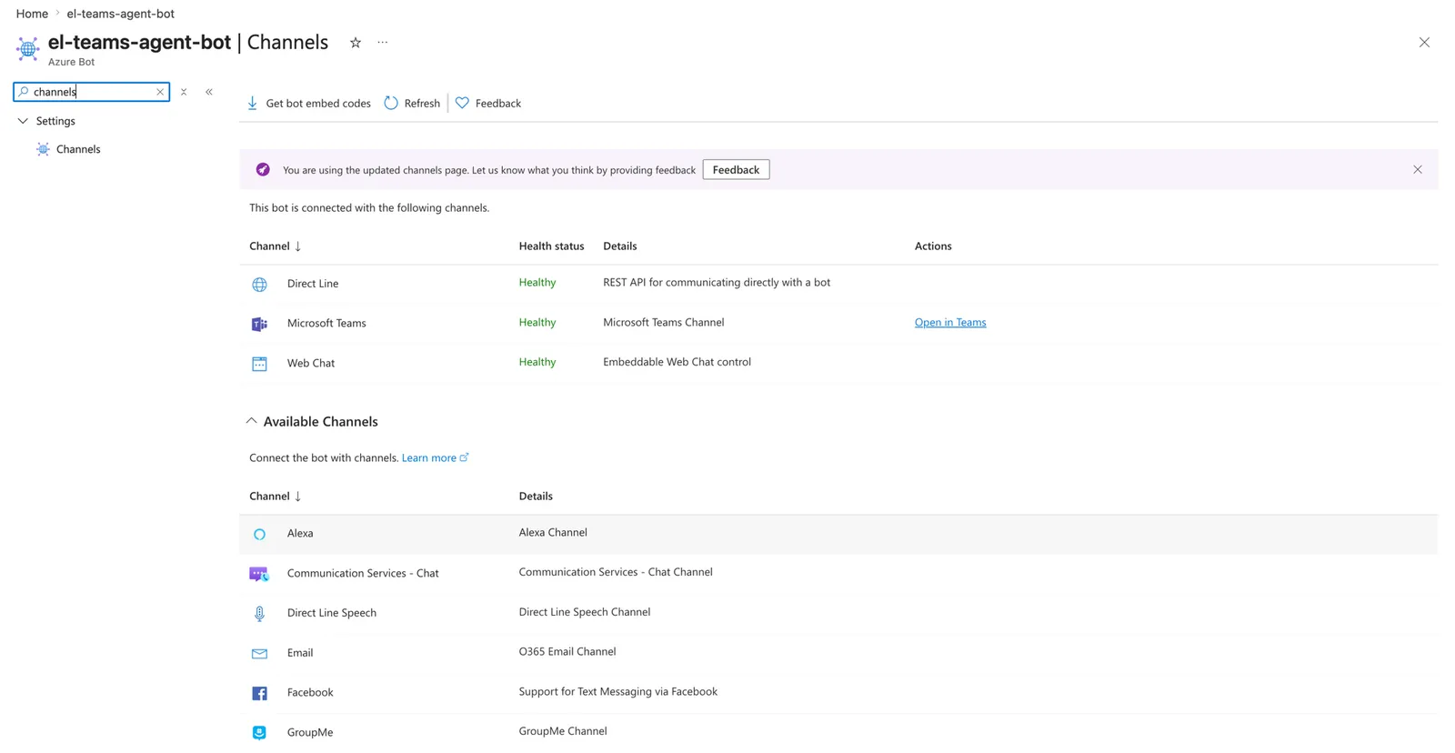 Die Azure-Bot-Channel-Ansicht mit dem Microsoft-Teams-Kanal als
fehlerfrei