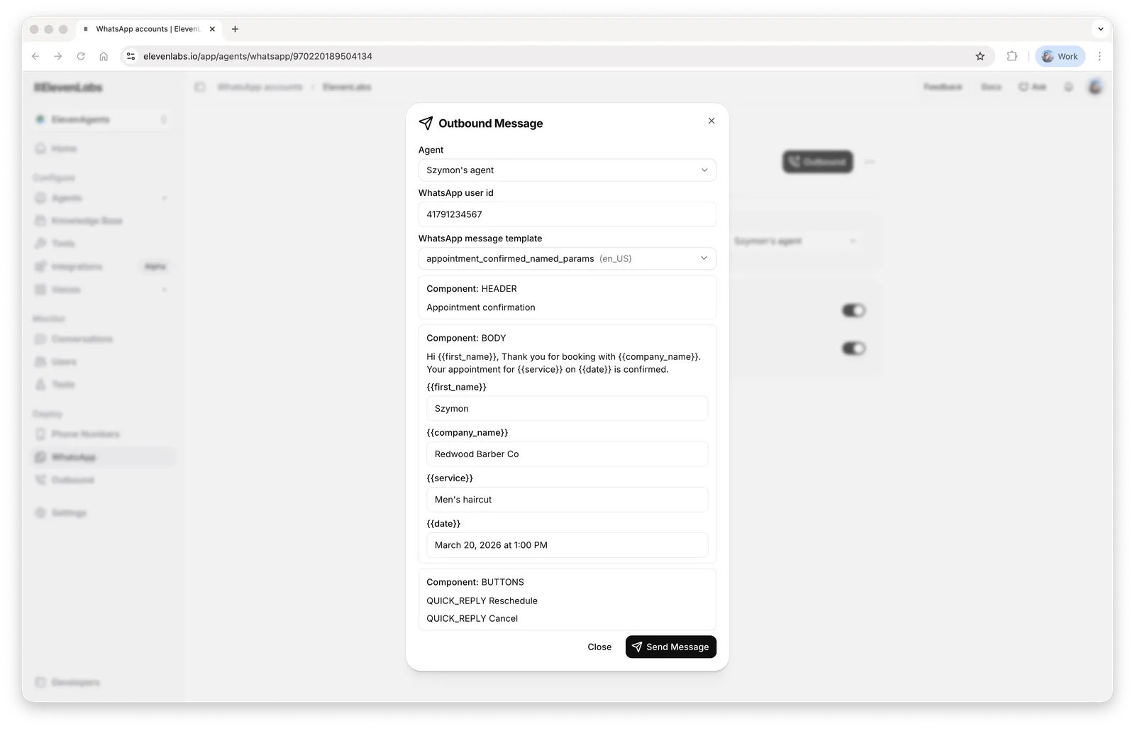 Dialog für ausgehende WhatsApp-Nachricht