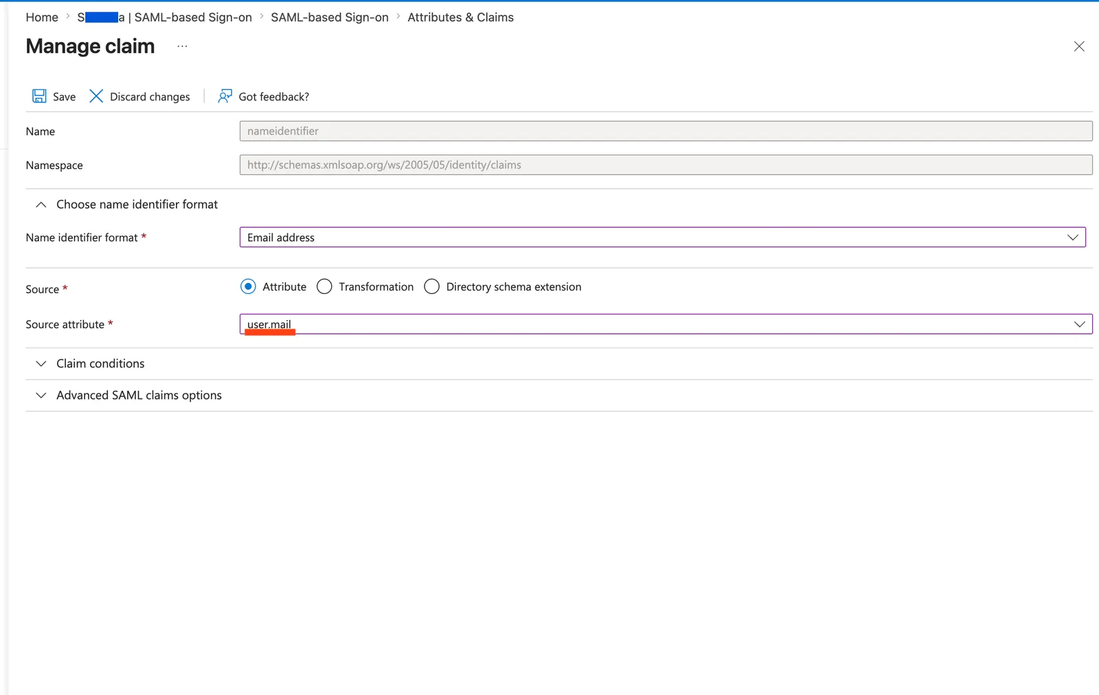 Gestion des revendications Microsoft Entra avec le format Adresse email et l’attribut source user.mail