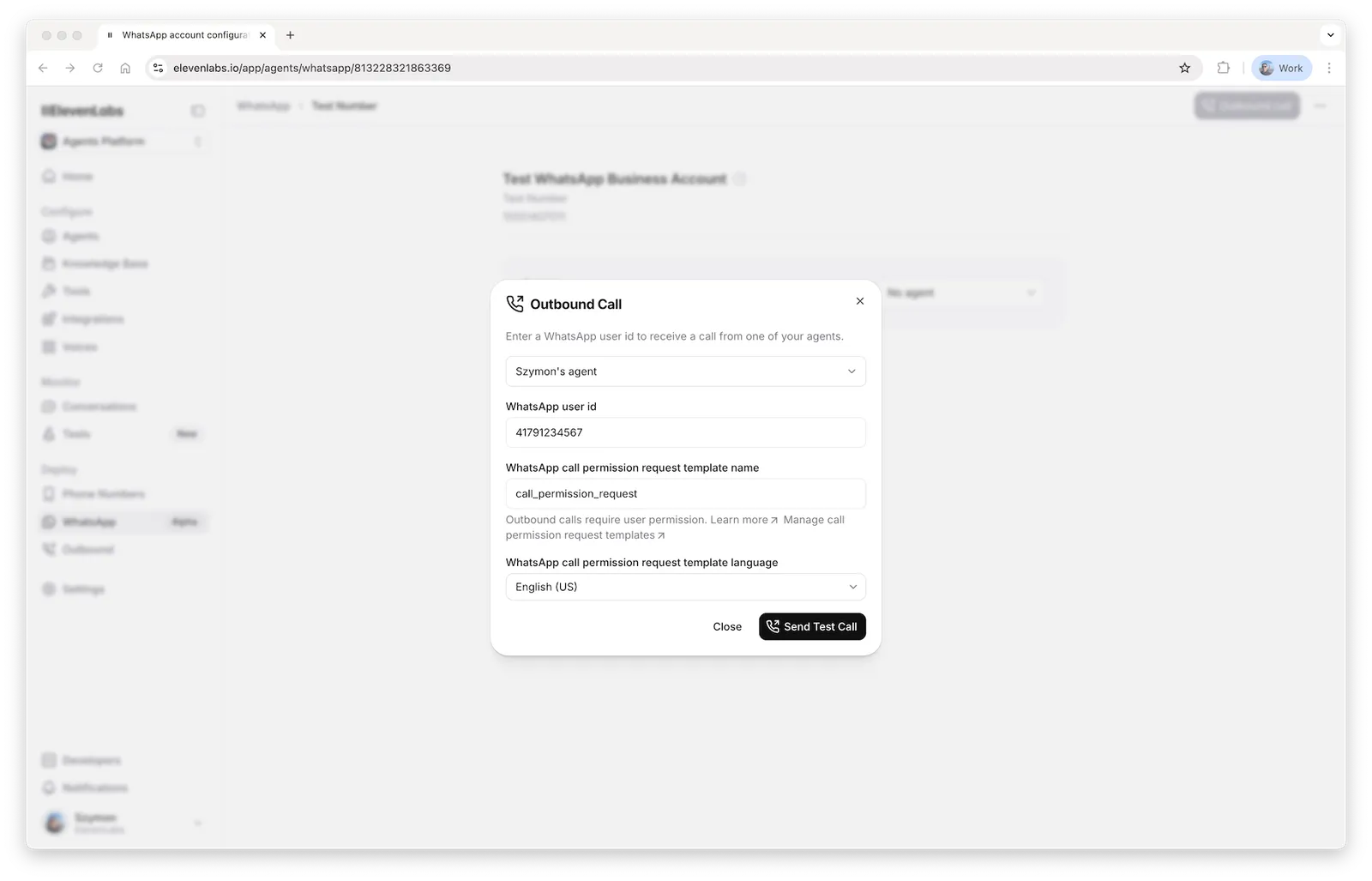 Dialog für ausgehenden WhatsApp-Anruf