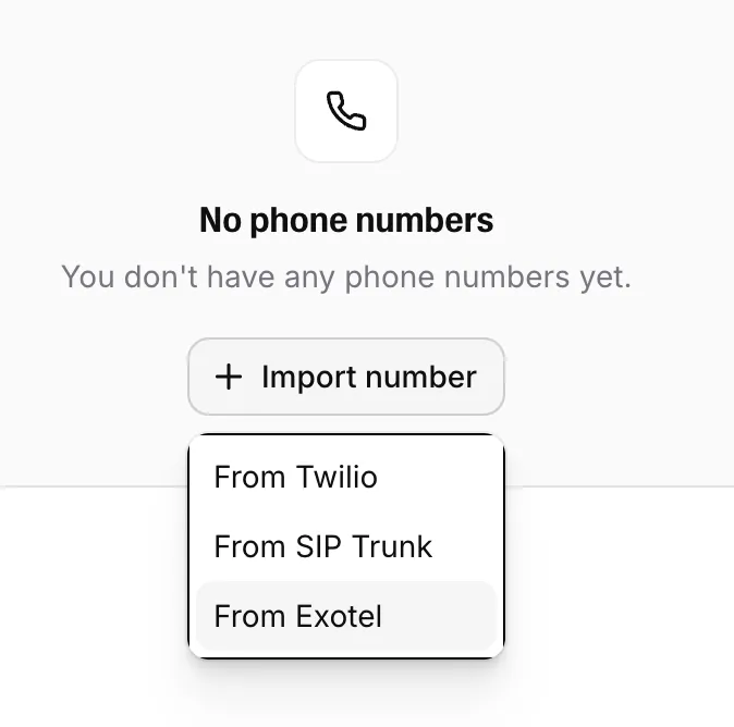 ElevenAgents: Dropdown „Import number“ mit ausgewähltem „From Exotel“
