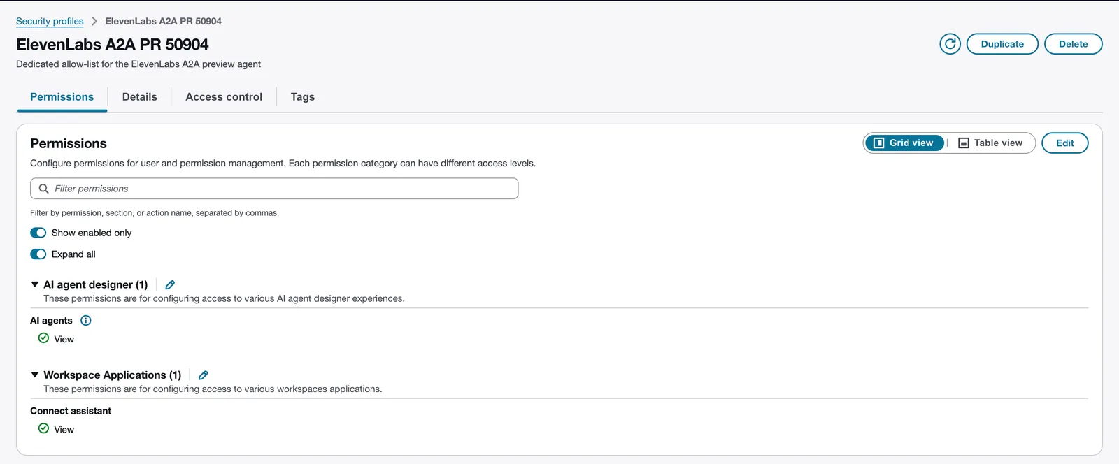 Dediziertes Sicherheitsprofil auf der Amazon-Connect-Admin-Website mit Berechtigungen zum Anzeigen von KI-Agenten