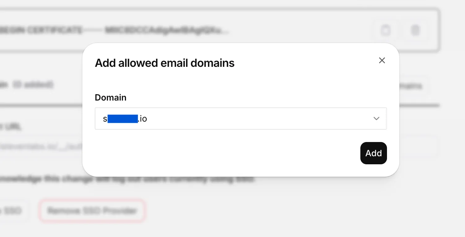 Boîte de dialogue Ajouter des domaines email autorisés d’ElevenLabs