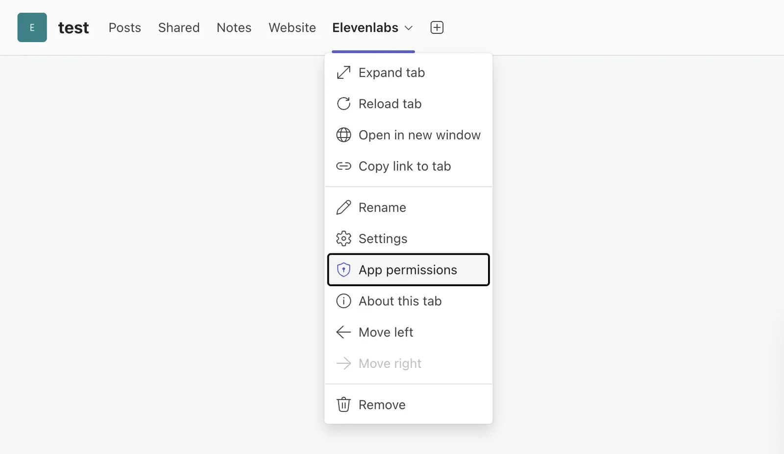 Das Dropdown-Menü des Teams-Tabs mit hervorgehobenen App-Berechtigungen