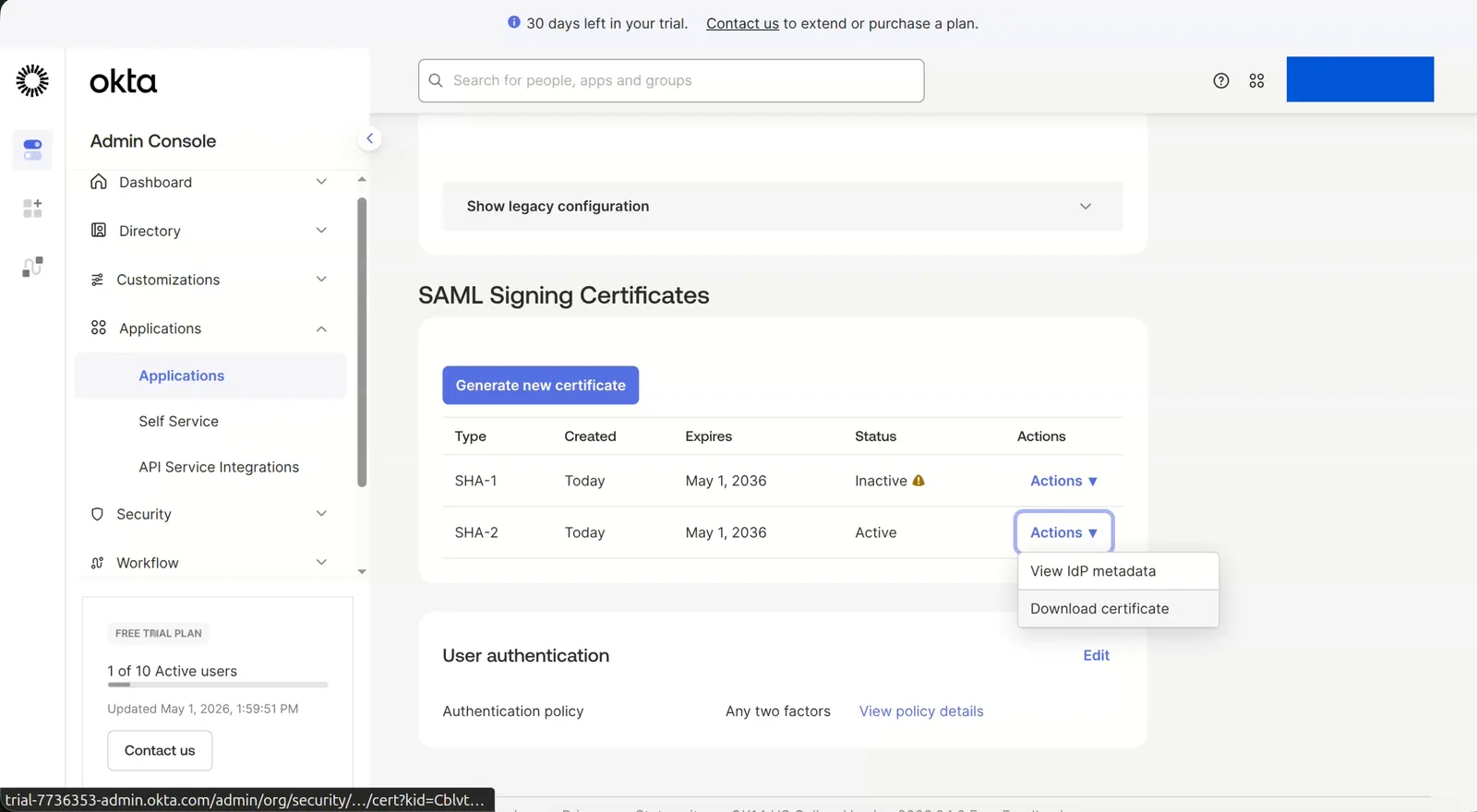 Aktion „Download certificate“ unter Okta SAML Signing Certificates