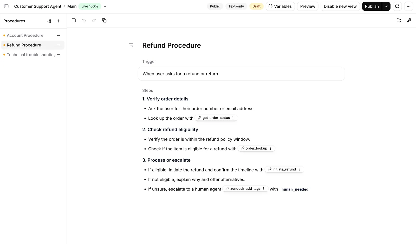 Registerkarte „Prozeduren“ im Agent-
Dashboard