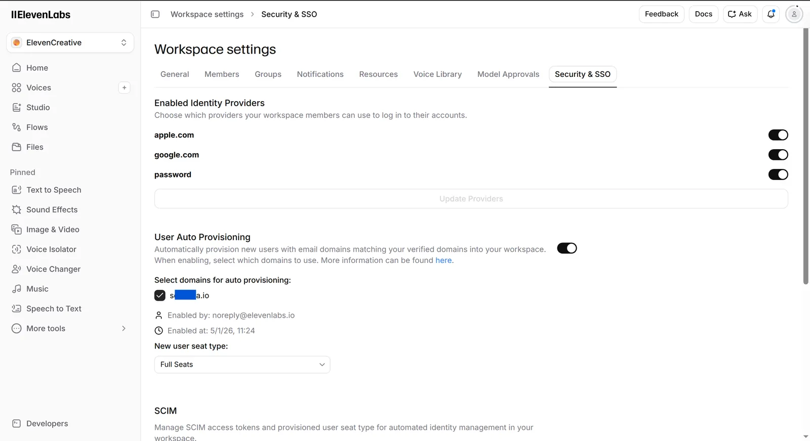 Tab „Security & SSO“ in den ElevenLabs-Workspace-Einstellungen