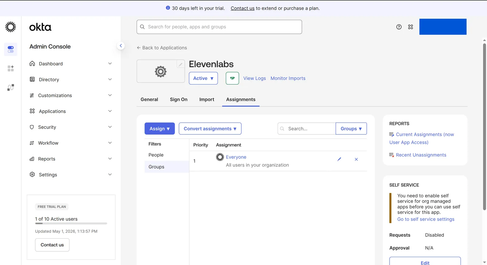Tab „Assignments“ der Okta-App