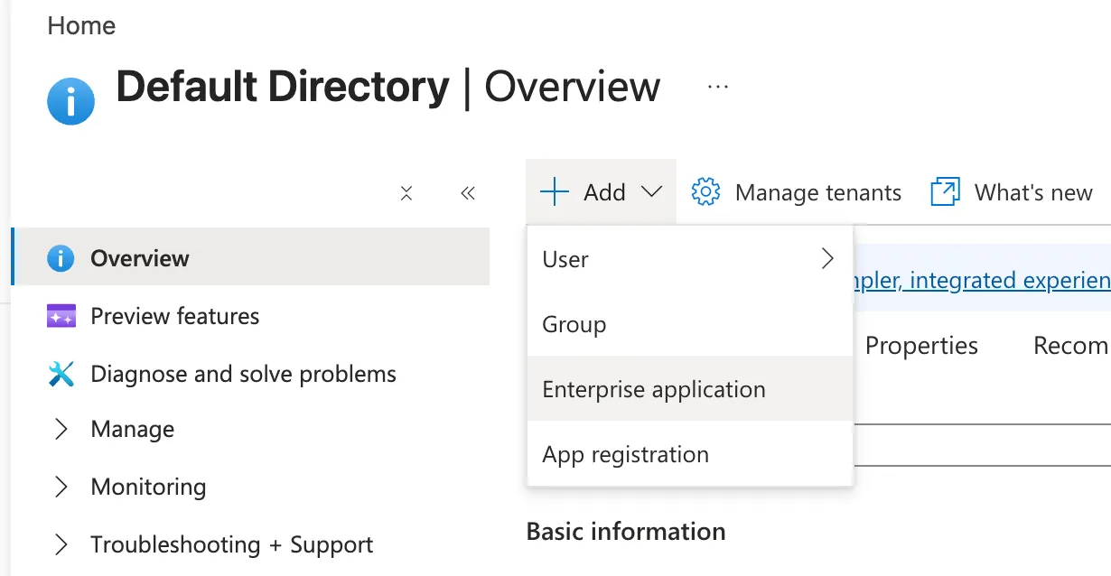 Menu Ajouter de la vue d’ensemble Microsoft Entra, avec Application d’entreprise sélectionné