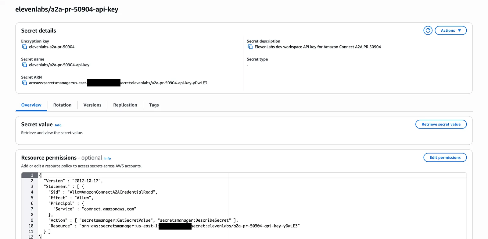 Mit dem kundenverwalteten Schlüssel verschlüsseltes Secrets-Manager-Secret und seine Ressourcenrichtlinie für
connect.amazonaws.com