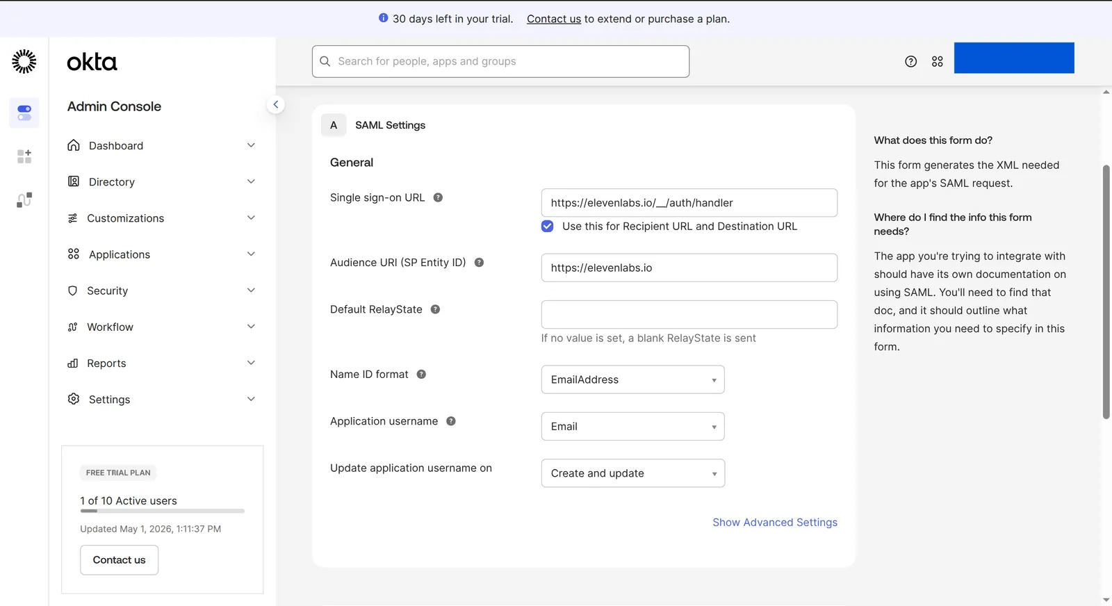 Okta-SAML-Einstellungen für ElevenLabs