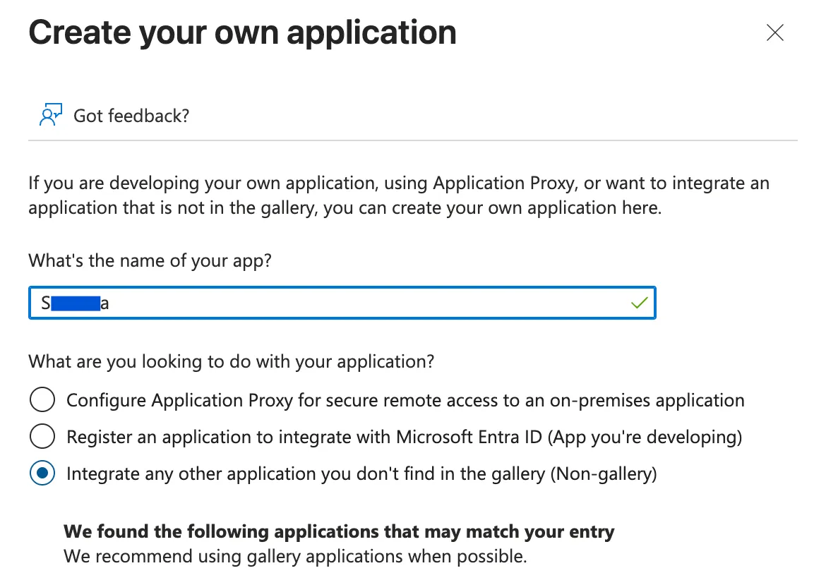 Panneau Créer votre propre application de Microsoft Entra avec une application hors galerie