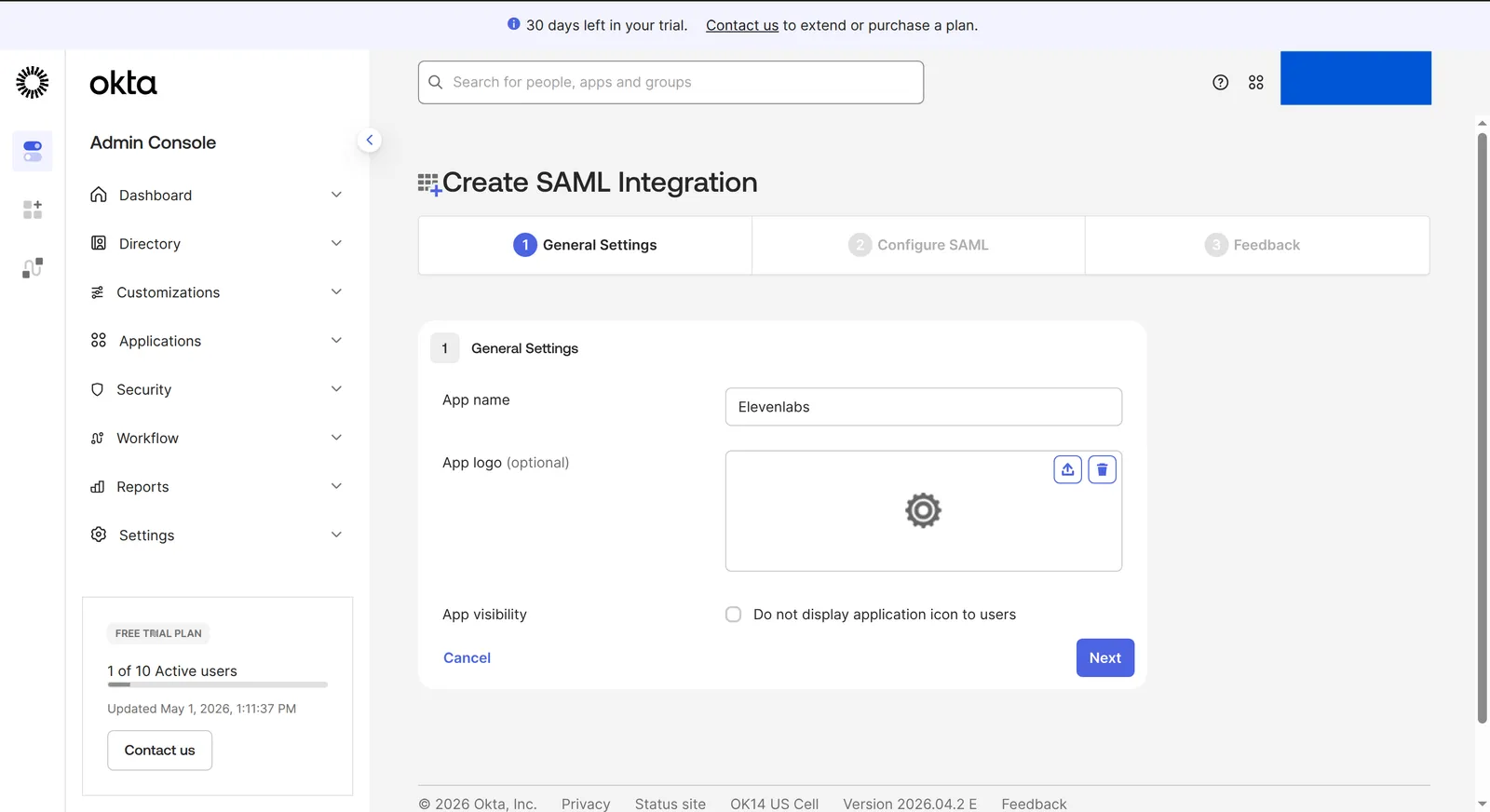 Allgemeine Einstellungen für „Create SAML Integration“ in Okta