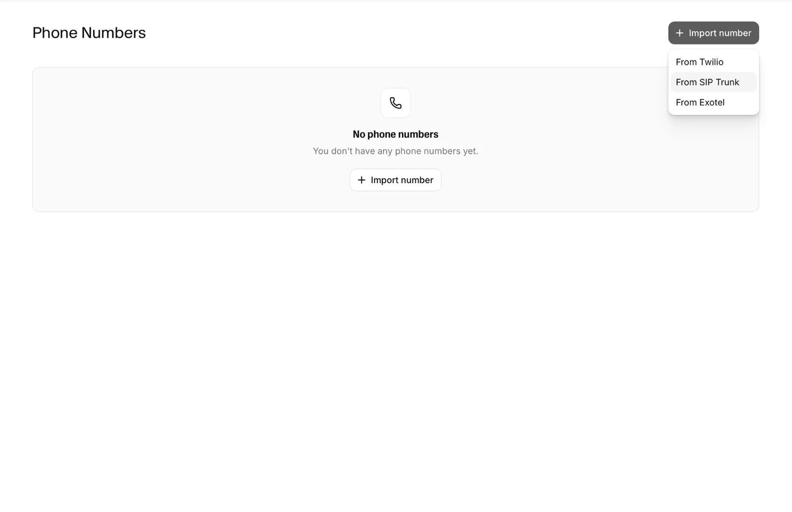 Menu di importazione del numero con l'opzione Da SIP Trunk