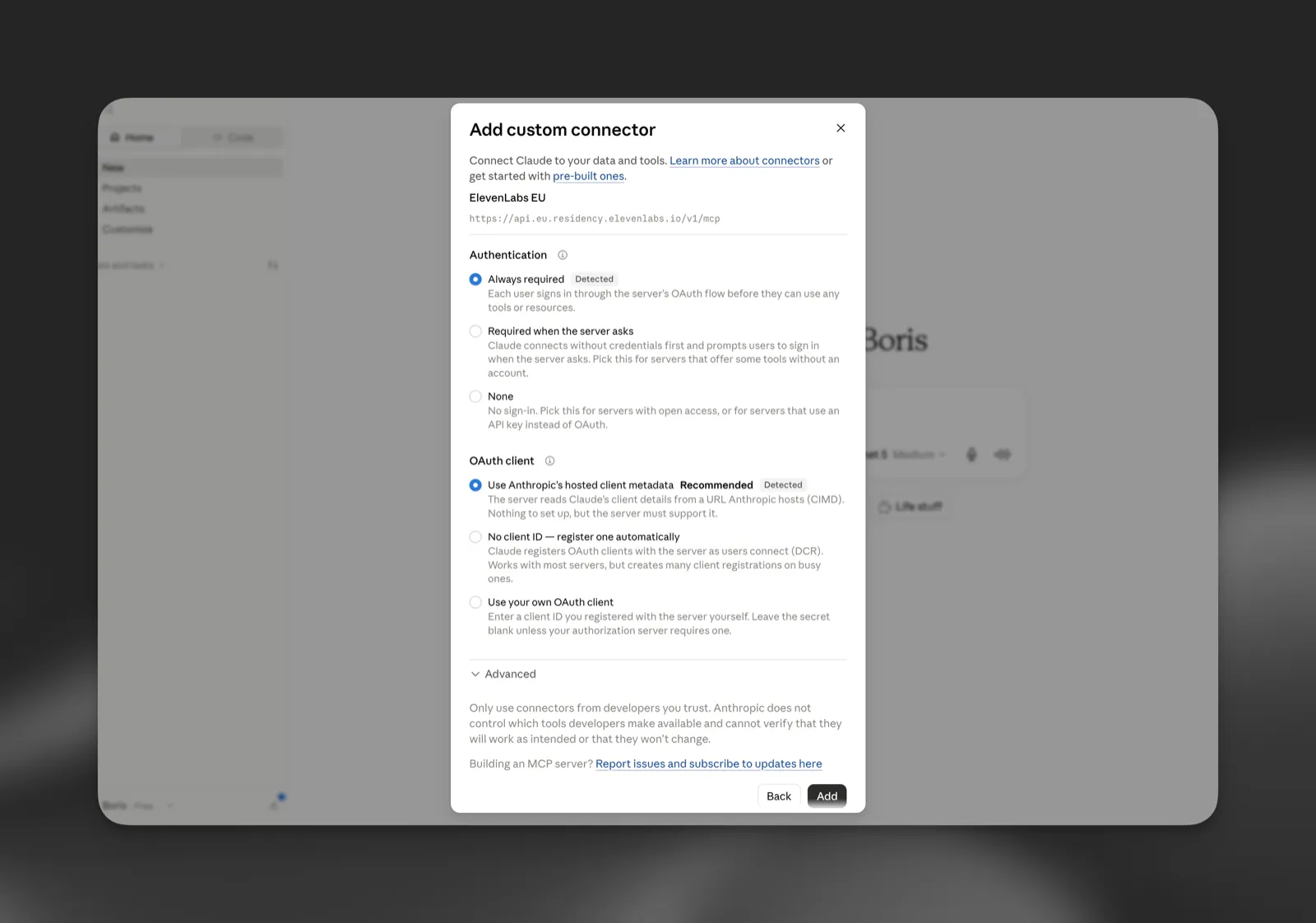 Inställningarna för anslutningsautentisering med Always required och hosted client metadata identifierade