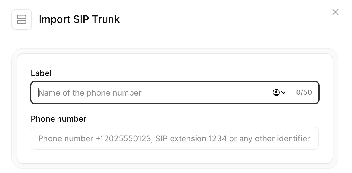 Configurazione di base del SIP trunk con i campi Etichetta e Numero di telefono