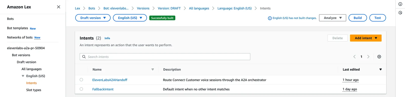 Intent-Liste eines Lex-V2-Bots mit dem Q-in-Connect-Übergabe-Intent und dem integrierten Fallback-
Intent