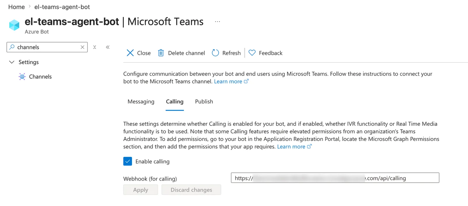 Der Calling-Tab des Teams-Kanals mit aktivierter Option Enable calling und gesetztem Calling-Webhook
