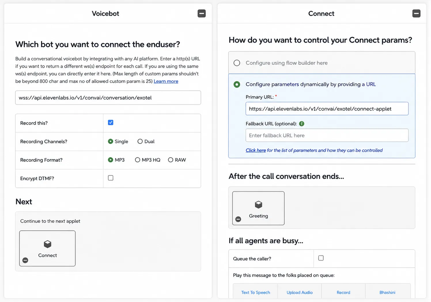 Connect-Applet mit der dynamischen ElevenLabs-
URL konfiguriert