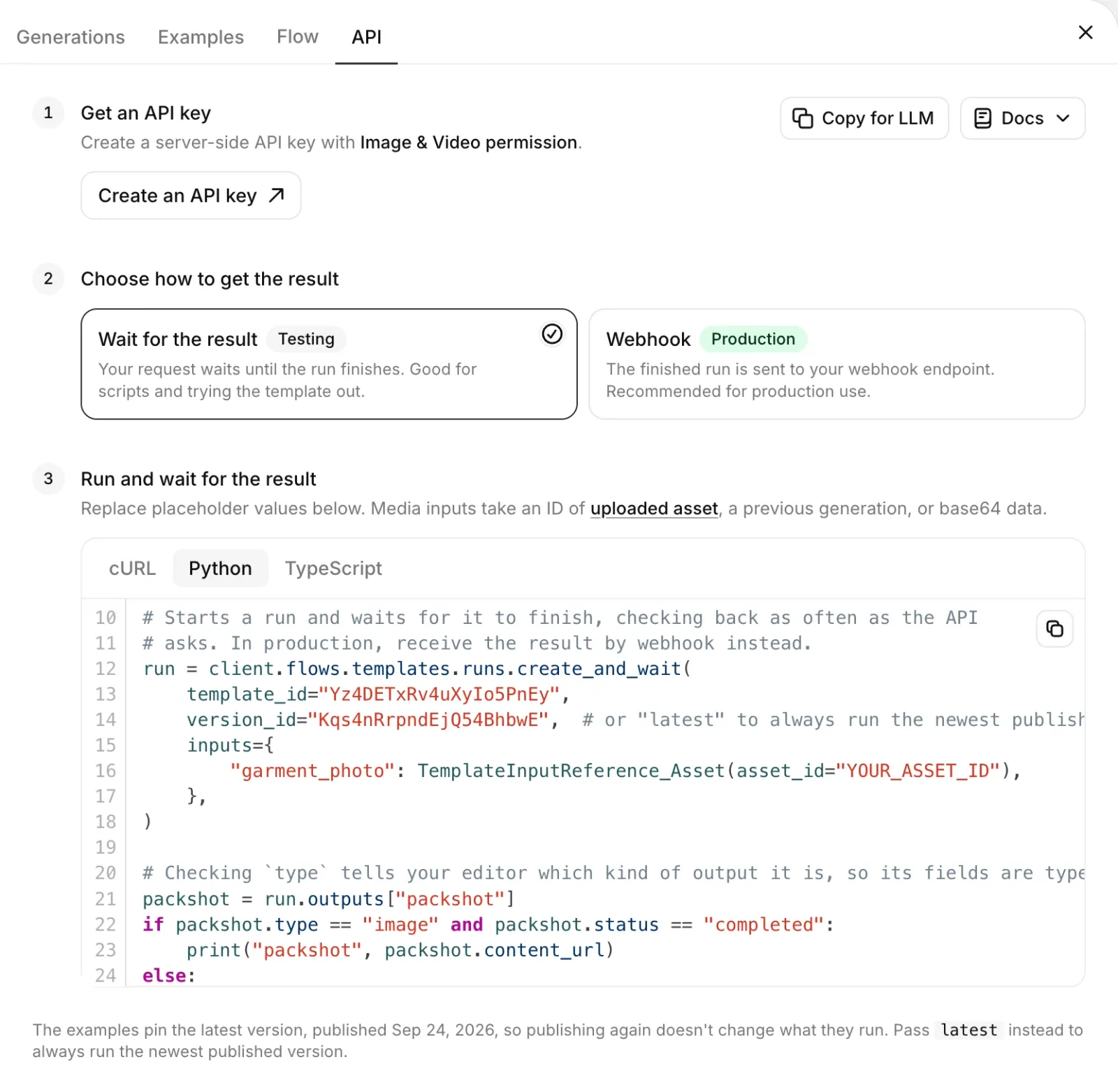 API-Tab des Templates