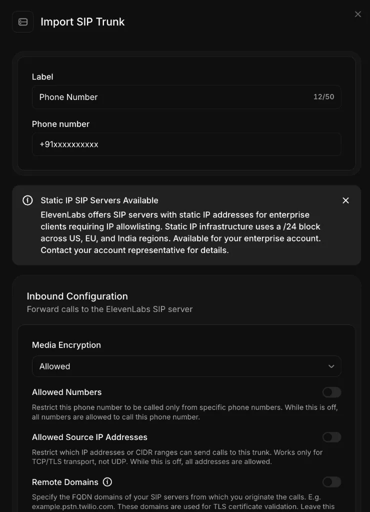 Import SIP Trunk dialog showing basic phone number details and Inbound Configuration
settings
