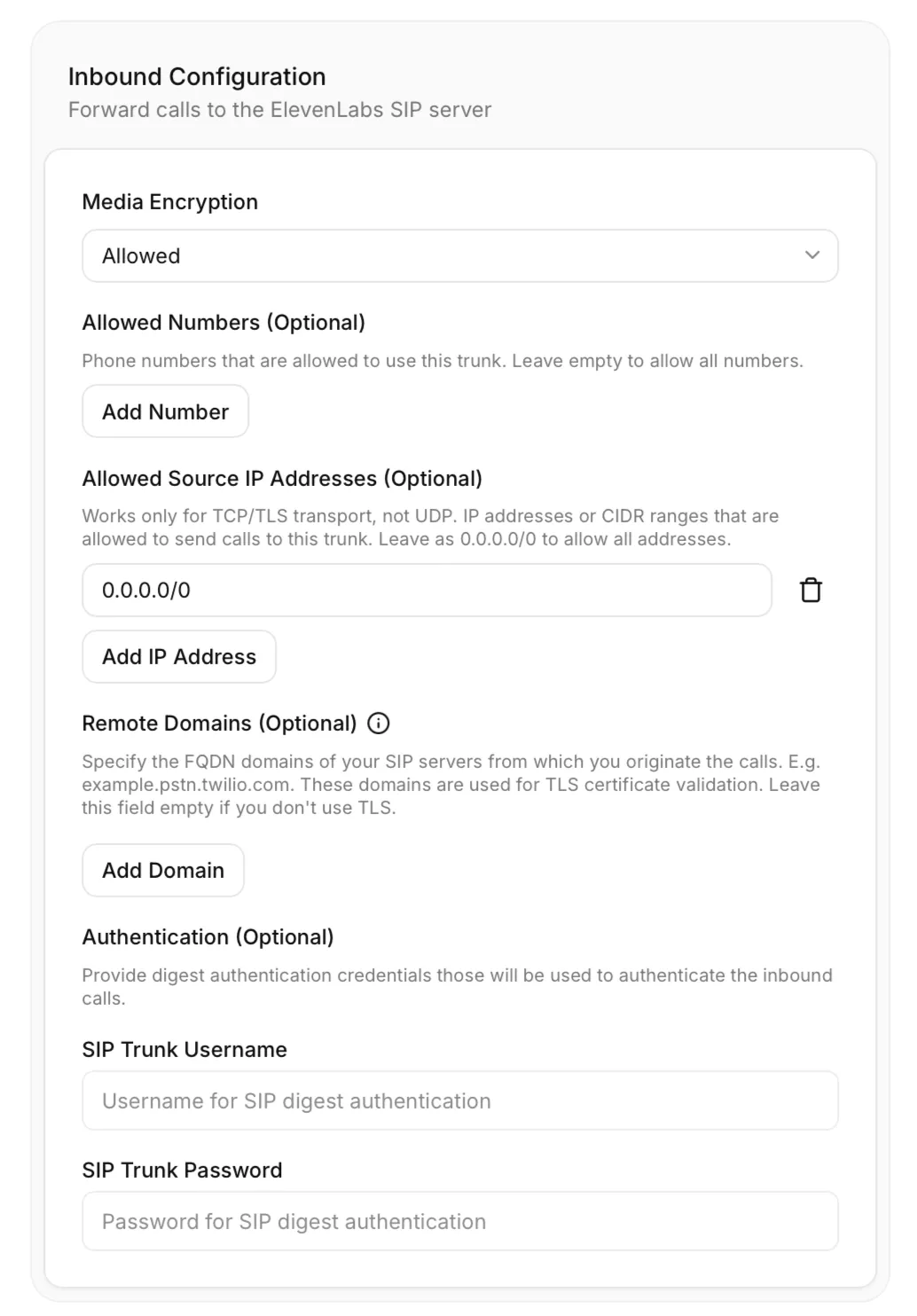Impostazioni della configurazione in entrata, tra cui crittografia dei contenuti multimediali, numeri consentiti, indirizzi IP di origine consentiti, domini remoti e autenticazione