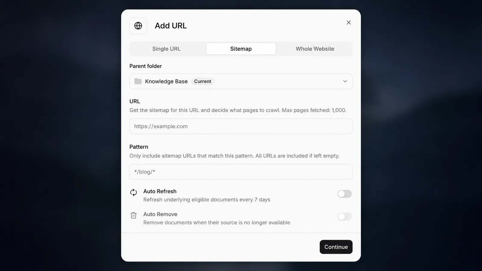 Interface de importação de URL em que os usuários podem colar um link de documentação