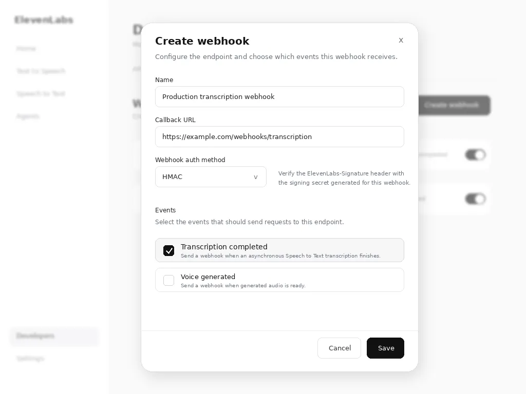 Boîte de dialogue Créer un webhook avec Transcription terminée sélectionné