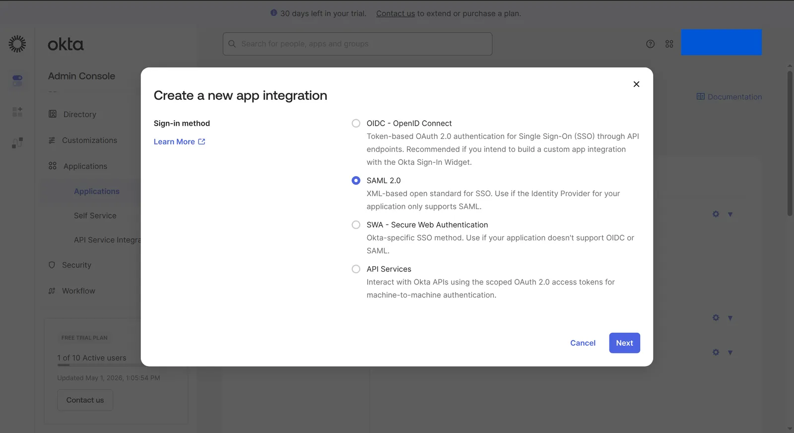 Okta-Dialog „Create a new app integration“ mit ausgewähltem SAML 2.0