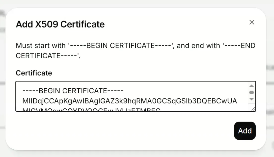 Dialog „Add X509 Certificate“ in ElevenLabs