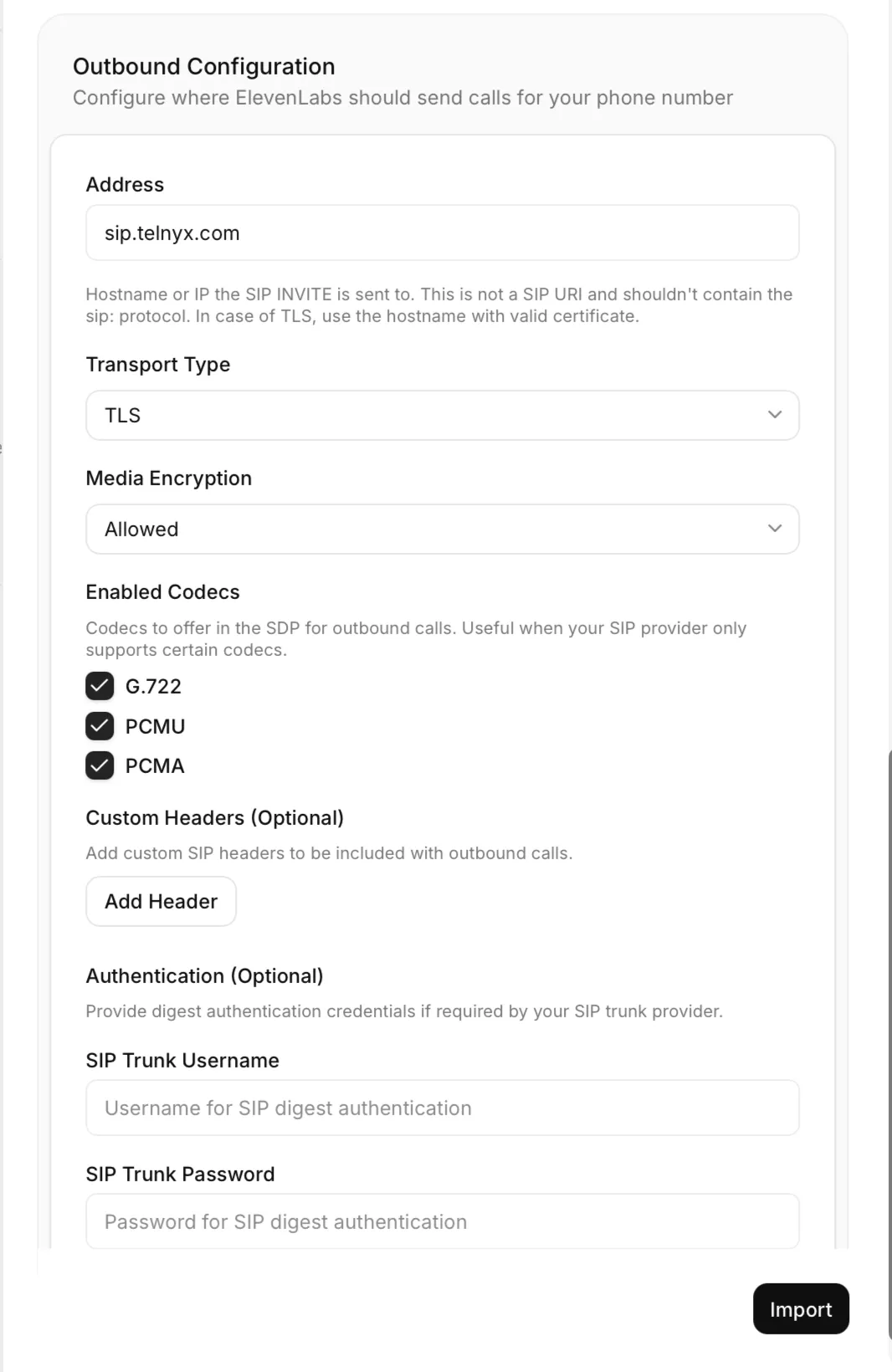 Impostazioni della configurazione in uscita, tra cui indirizzo, tipo di trasporto, crittografia dei contenuti multimediali, codec abilitati, header personalizzati e autenticazione