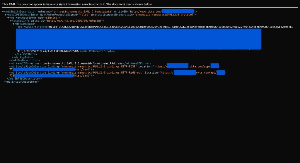 Okta-IdP-Metadaten-XML mit entityID und SingleSignOnService Location