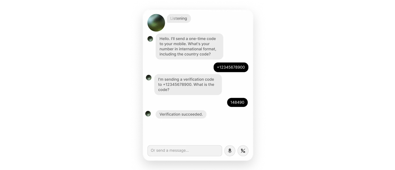 Agentenkonversation zur Erfassung einer Telefonnummer, eines OTP-Codes und einer erfolgreichen Verifizierung