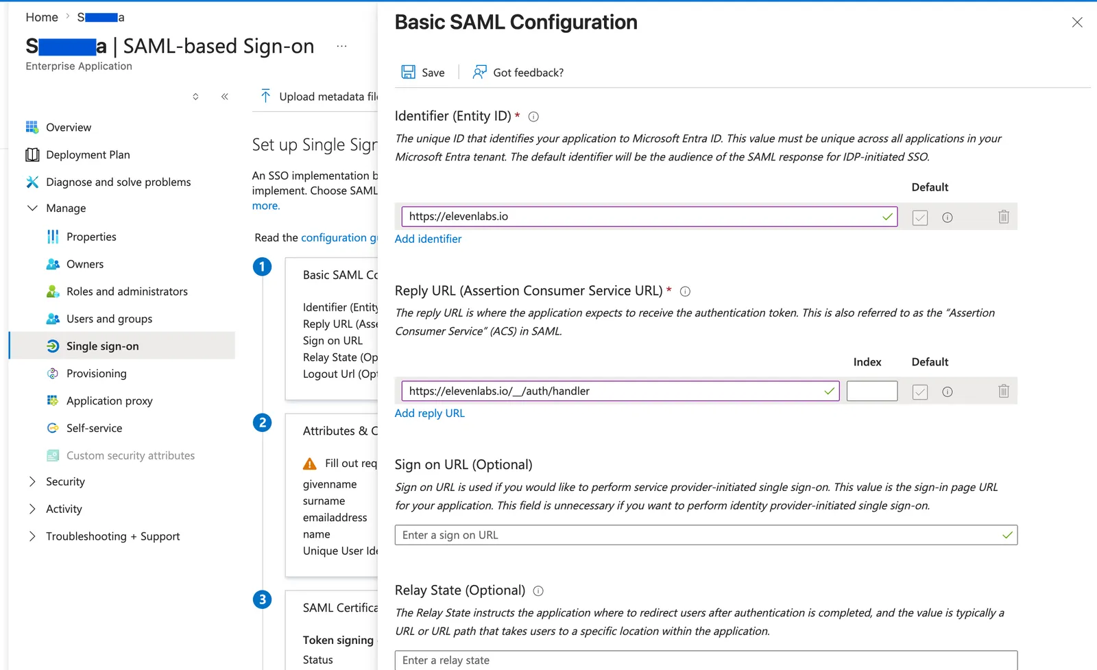 Configuration SAML de base Microsoft Entra avec Identificateur et URL de réponse