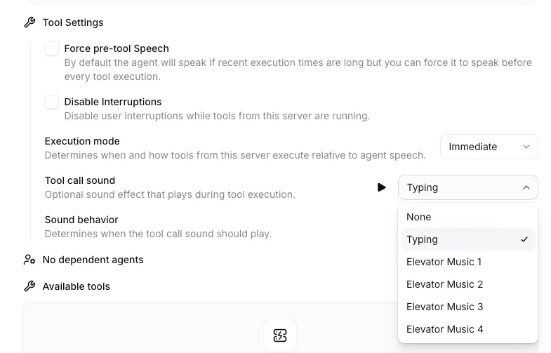 Dropdown-Menü für Integrationen von Sounds bei Tool-Aufrufen