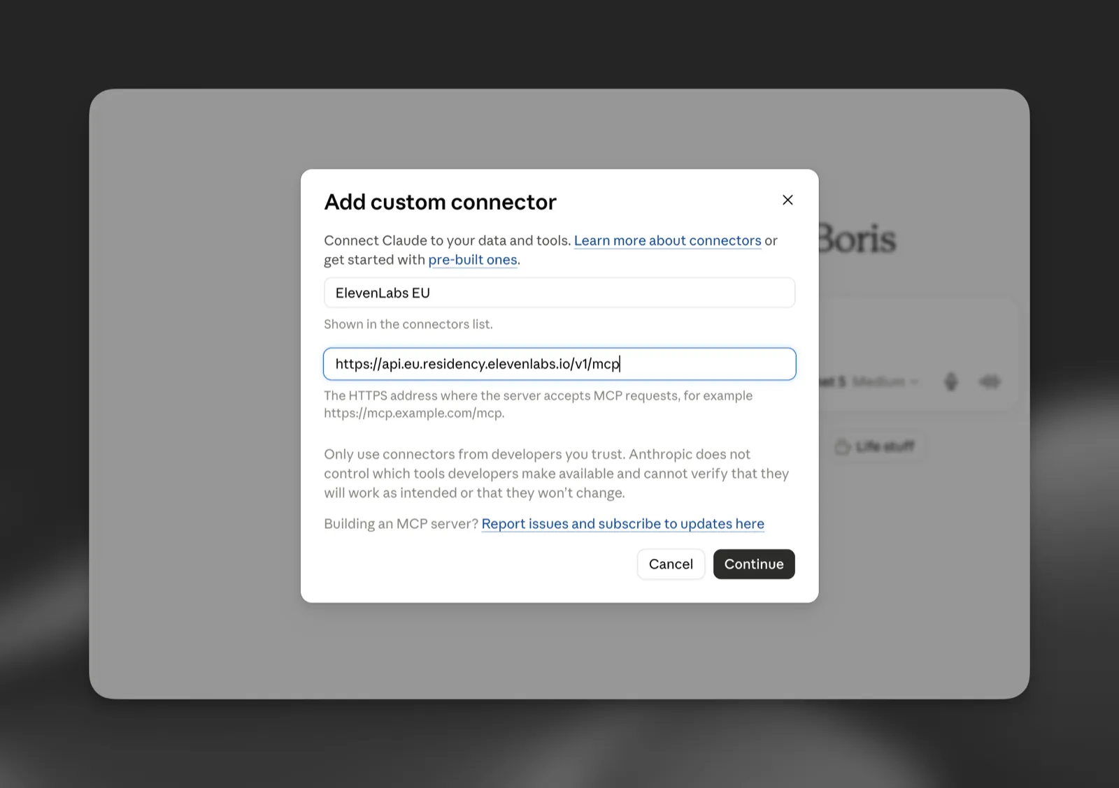 Dialogrutan Add custom connector med namnet ElevenLabs EU och EU-serverns URL ifyllda