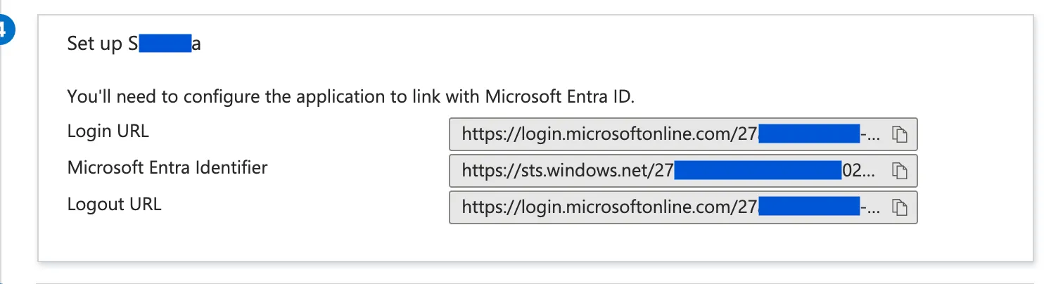 Valeurs de configuration Microsoft Entra affichant l’URL de connexion et l’identificateur Microsoft Entra