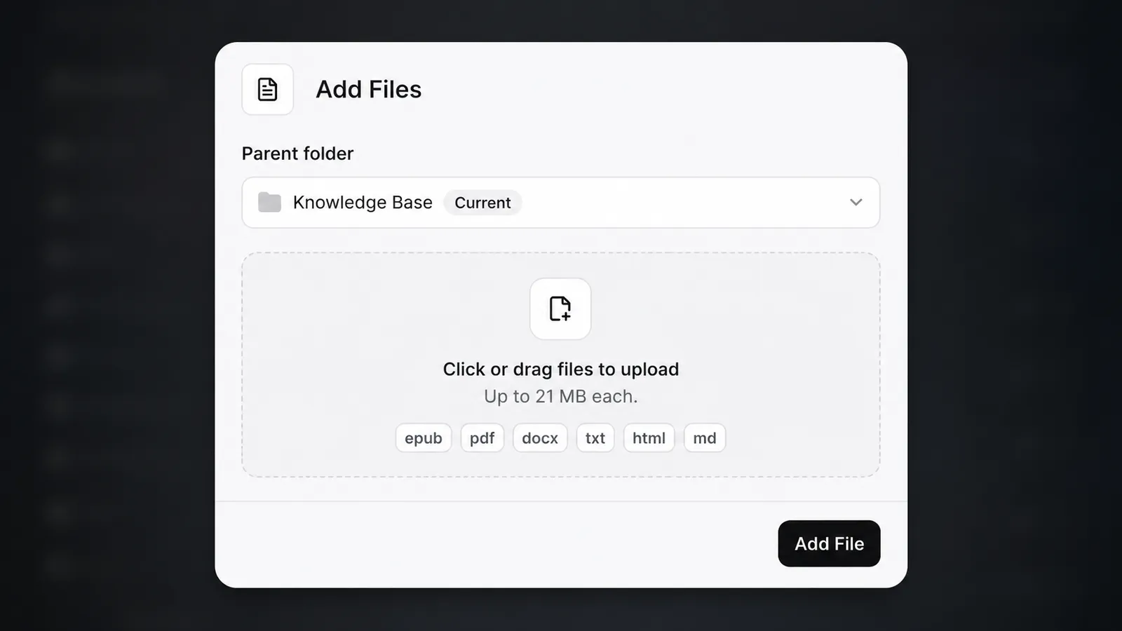 Interface de envio de arquivo mostrando os formatos compatíveis e o limite de 20 MB