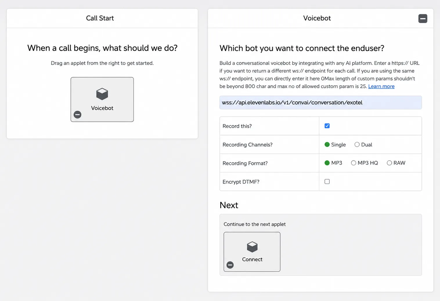 Voicebot-Applet mit der ElevenLabs-WebSocket-
URL konfiguriert