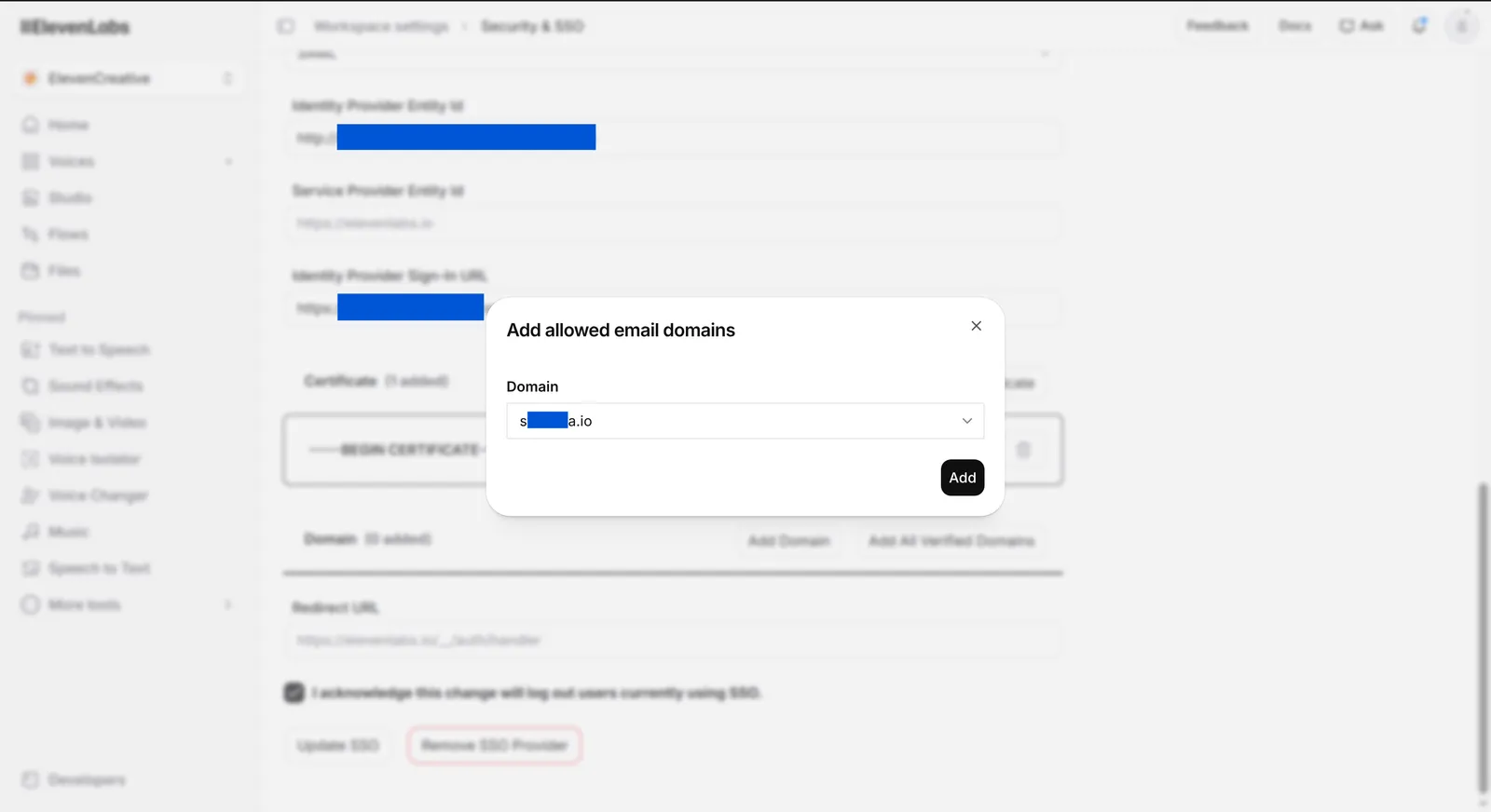 Dialog „Add allowed email domains“ in ElevenLabs