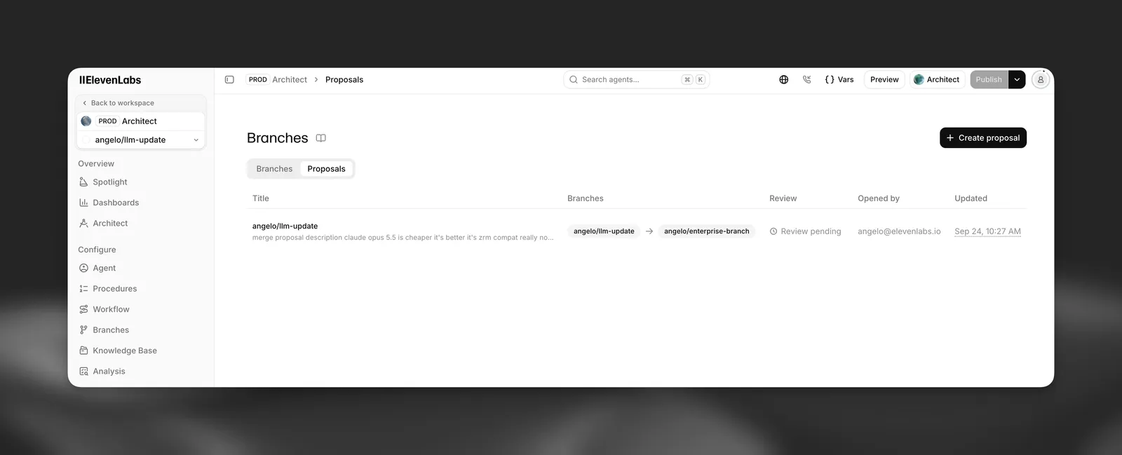 Proposals list on the Branches page
