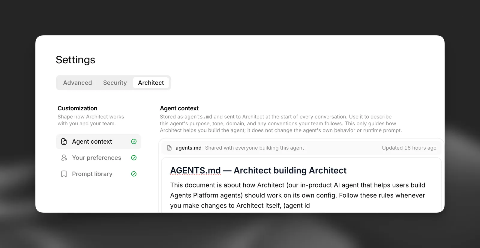 Impostazioni di Architect per un agente