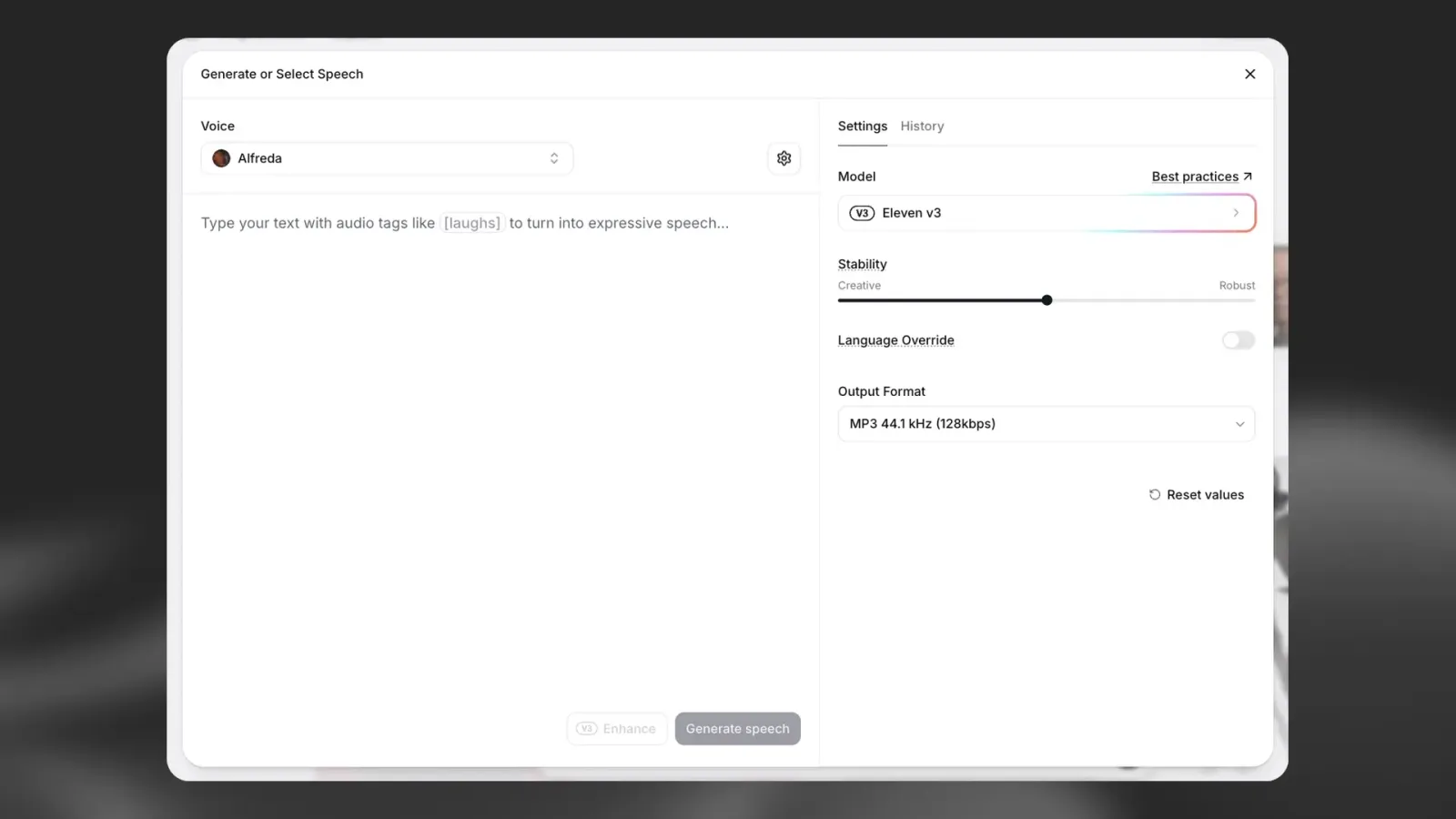 Interface de seleção de voz e Text to Speech