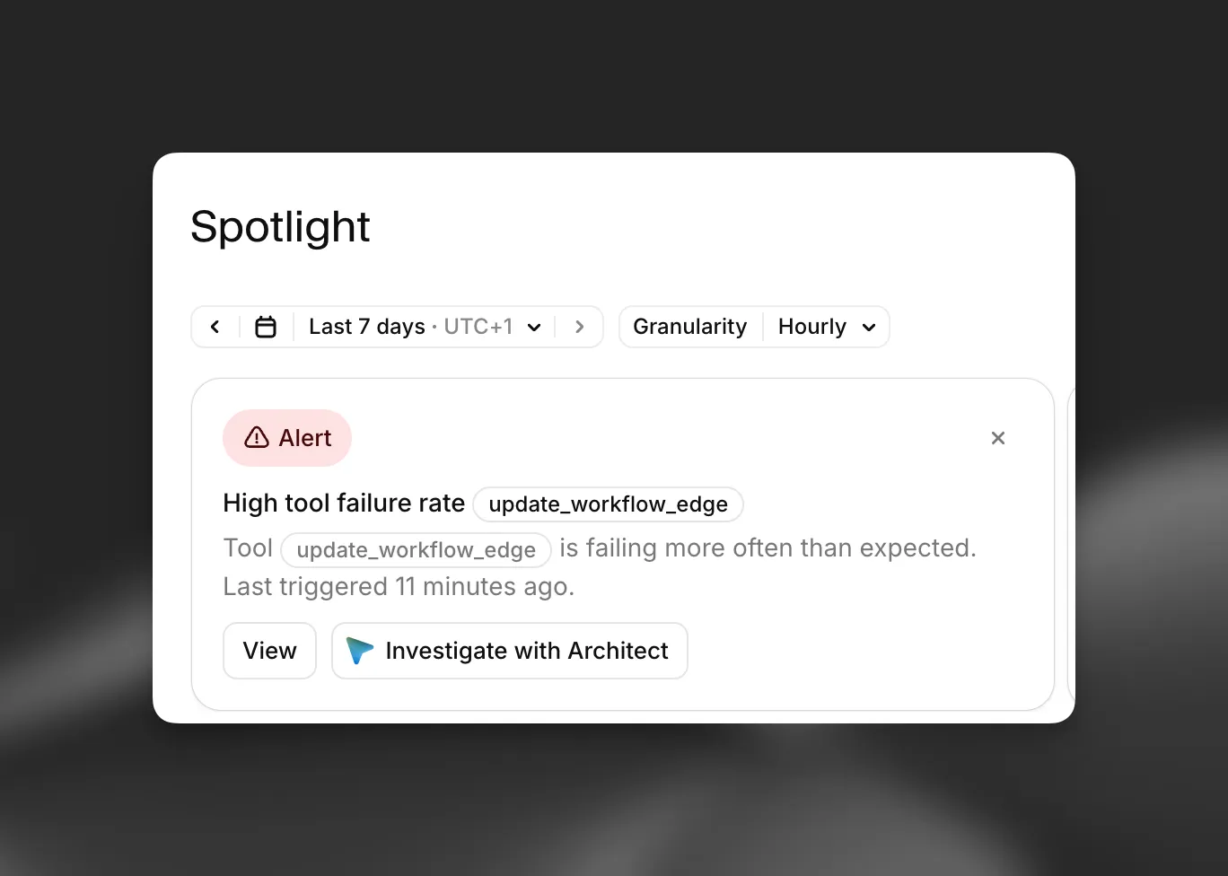 Alert card with Investigate with
Architect