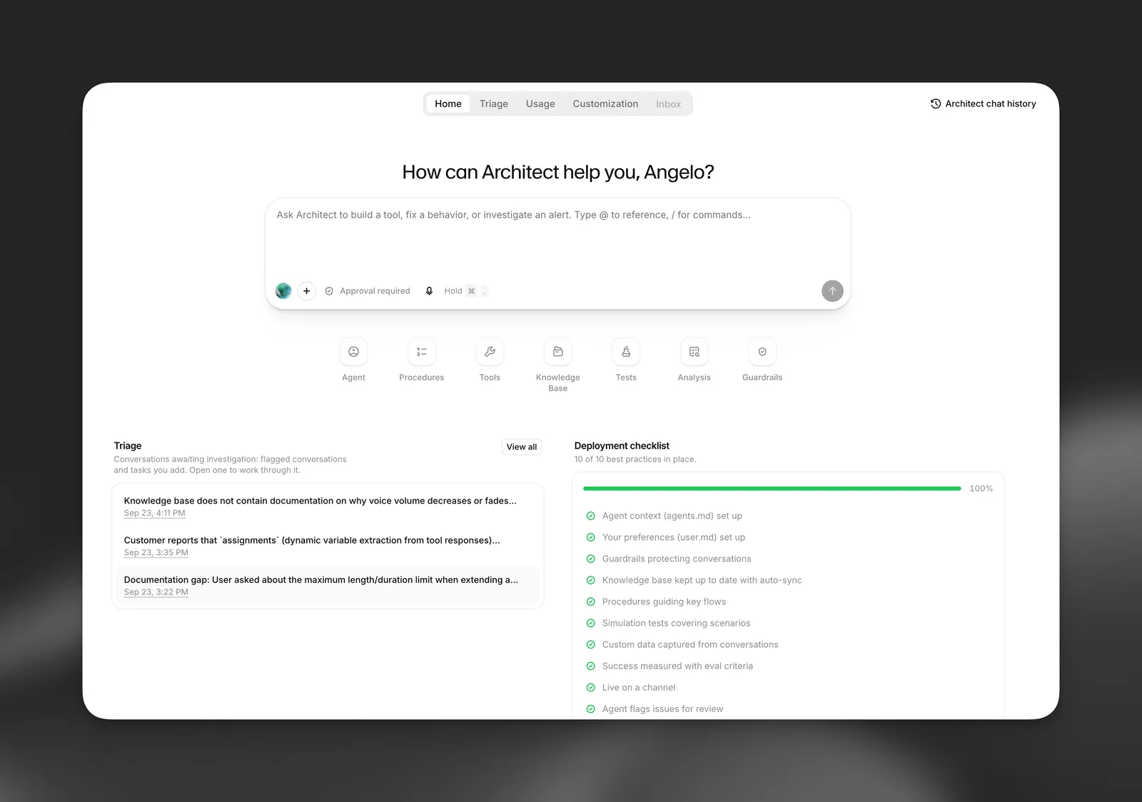Startseite des Architect-Tabs