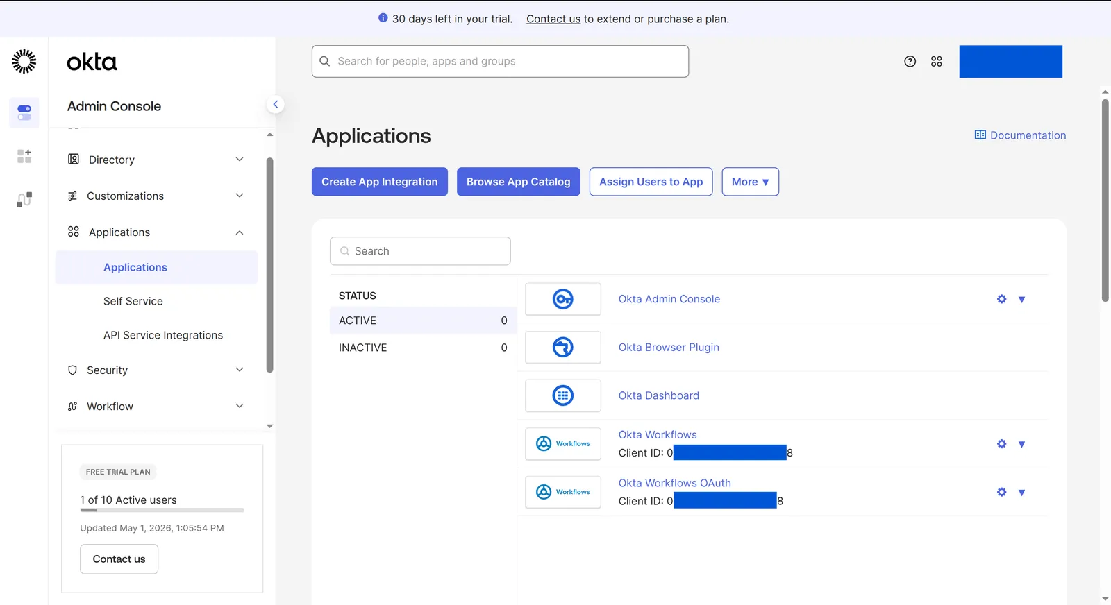 Okta-Seite „Applications“ mit „Create App Integration“